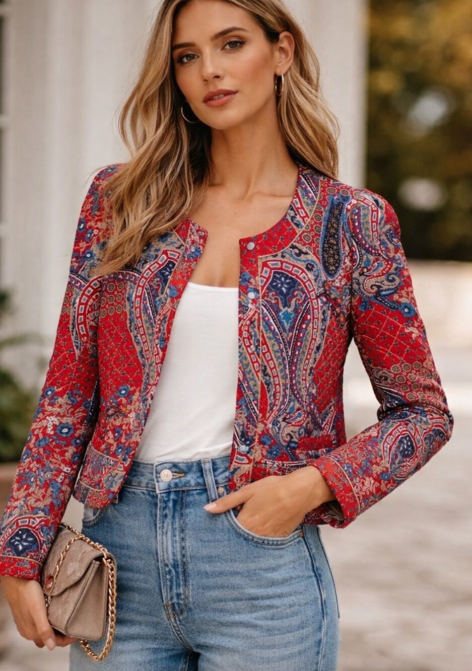 Claudie Pierlot Voulzy Jacket‎ Women 40 Red Paisley Quilted Cropped EUC 11V1E12